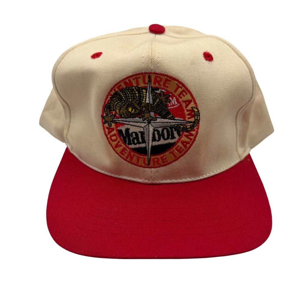 Vintage Marlboro Adventure Team Snapback Hat Cream Red Lizard Embroidered Cap